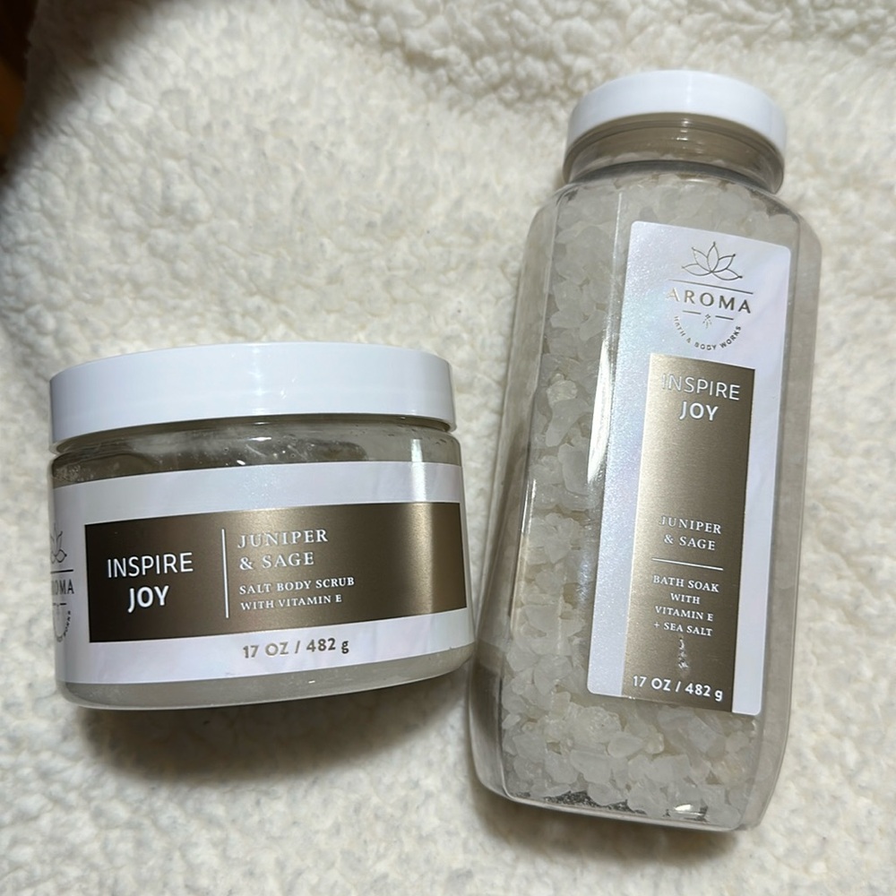 BBW JUNIPER & SAGE 2pc Aromatherapy Bath soak/Salt Body Scrub